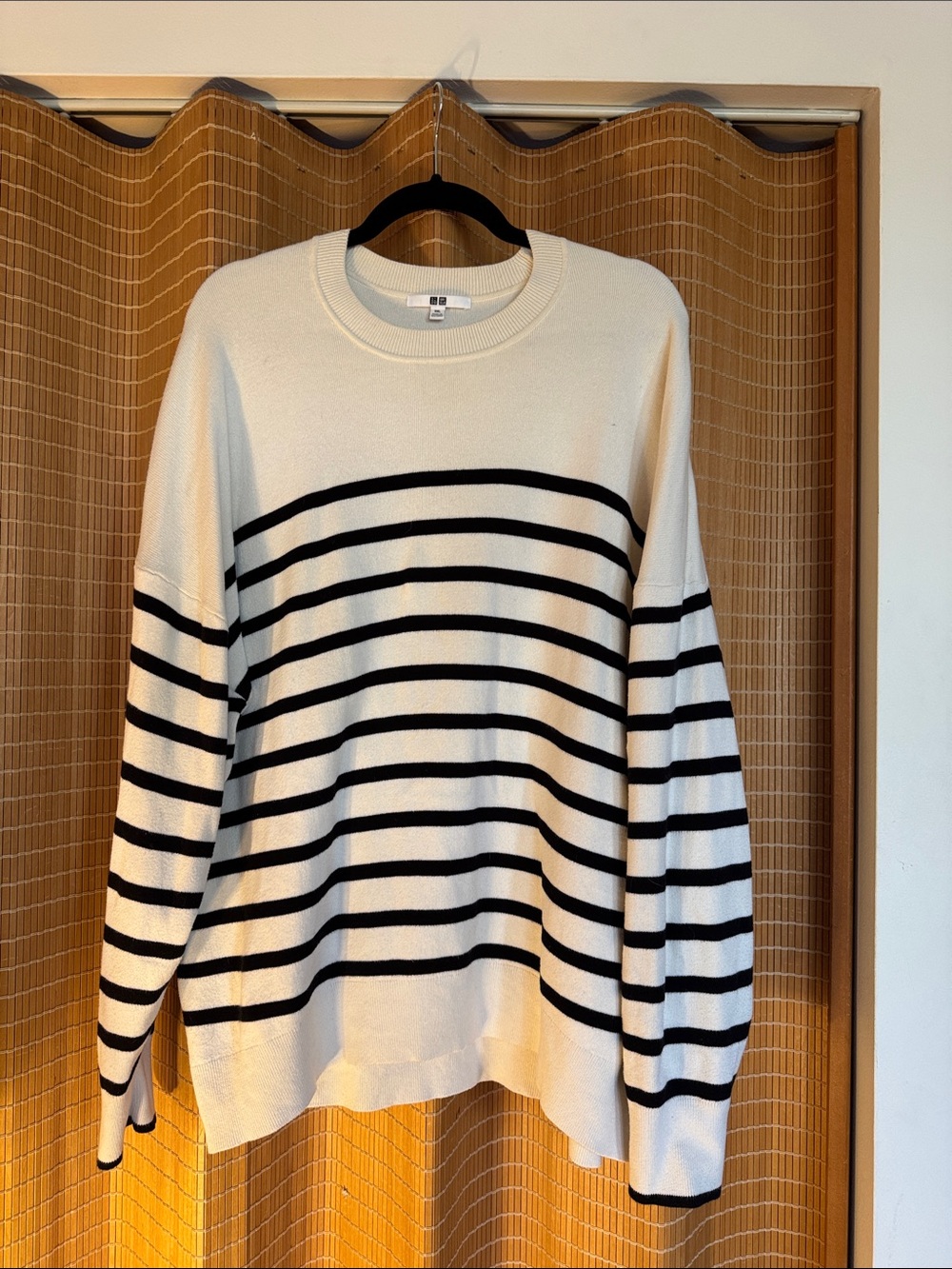 Uniqlo Cream and Black Striped Crewneck Sweater